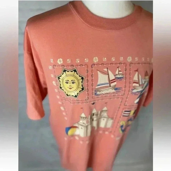 Endless Summer Beach Vintage 90’s T Shirt Sandcastle Sun Sailboat Peach size L - Picture 5 of 12